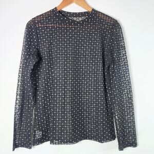 Y2K Womens Black Sheer Mesh Metallic Dotted Long Sleeve Top Size XL Goth Rave